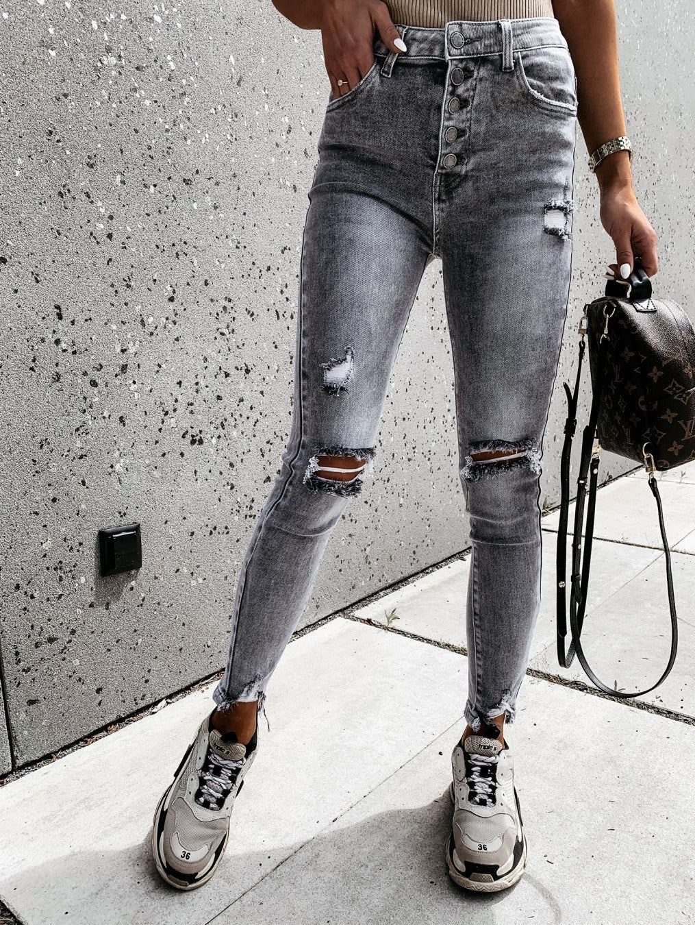 Solid Color Trendy Fashion Ripped Slim Jeans Trousers