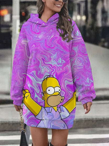 New Winter Hooded Sweatshirt Dress Disney The Simpsons Printed Pullover Sweatshirt Casual Fashion Street Style Women's Sweatshir