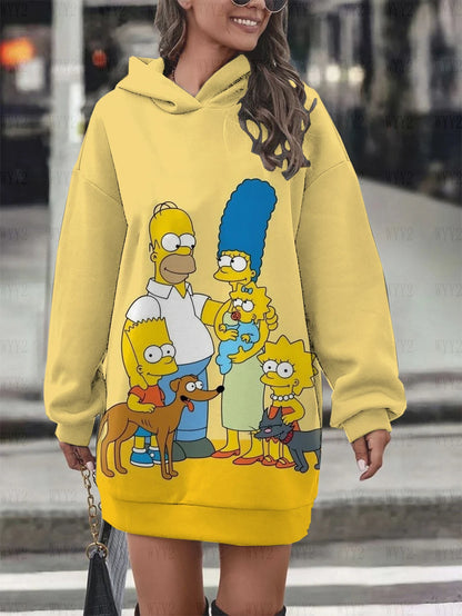 New Winter Hooded Sweatshirt Dress Disney The Simpsons Printed Pullover Sweatshirt Casual Fashion Street Style Women's Sweatshir
