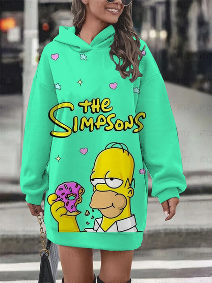 New Winter Hooded Sweatshirt Dress Disney The Simpsons Printed Pullover Sweatshirt Casual Fashion Street Style Women's Sweatshir
